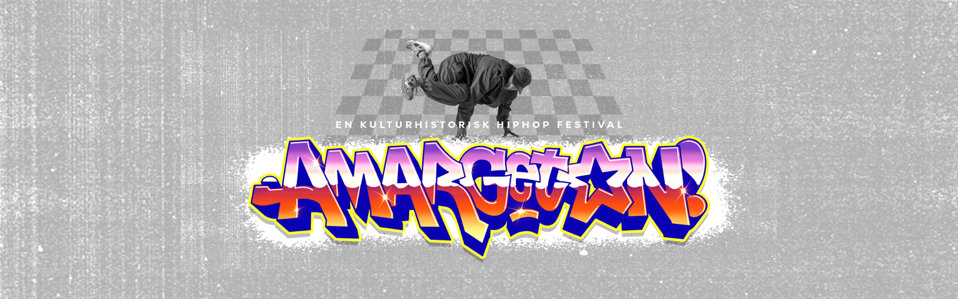 Hiphopper som laver breakdance over festivalen AmarGetOns farverige logo. 