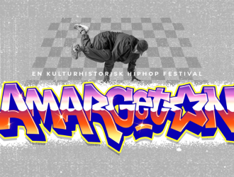 Hiphopper som laver breakdance over festivalen AmarGetOns farverige logo. 